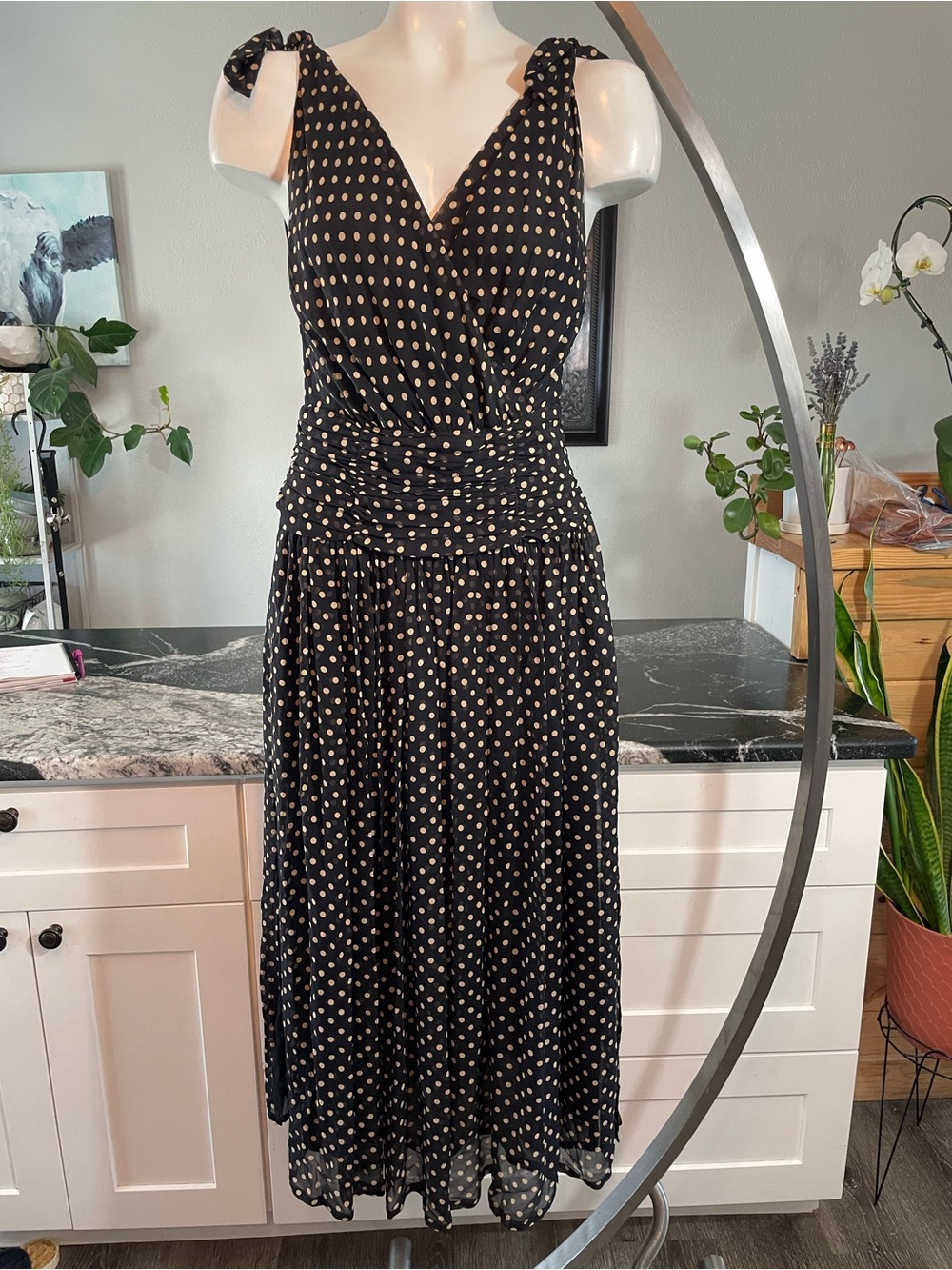 Vintage Cerruti 1881 Black Polka Dot V-Neck Tie-Shoulder Dress 100% Silk